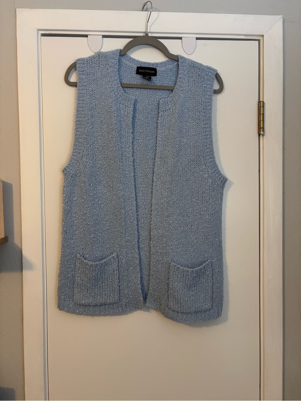Vintage Joan Harper Light Blue Sleeveless Open-Front Knit Cardigan Vest